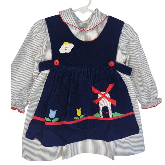 Baby Togs Vintage 80's Tulip Corduroy Pinafore Striped Dress 2 Piece 2T - Picture 1 of 11